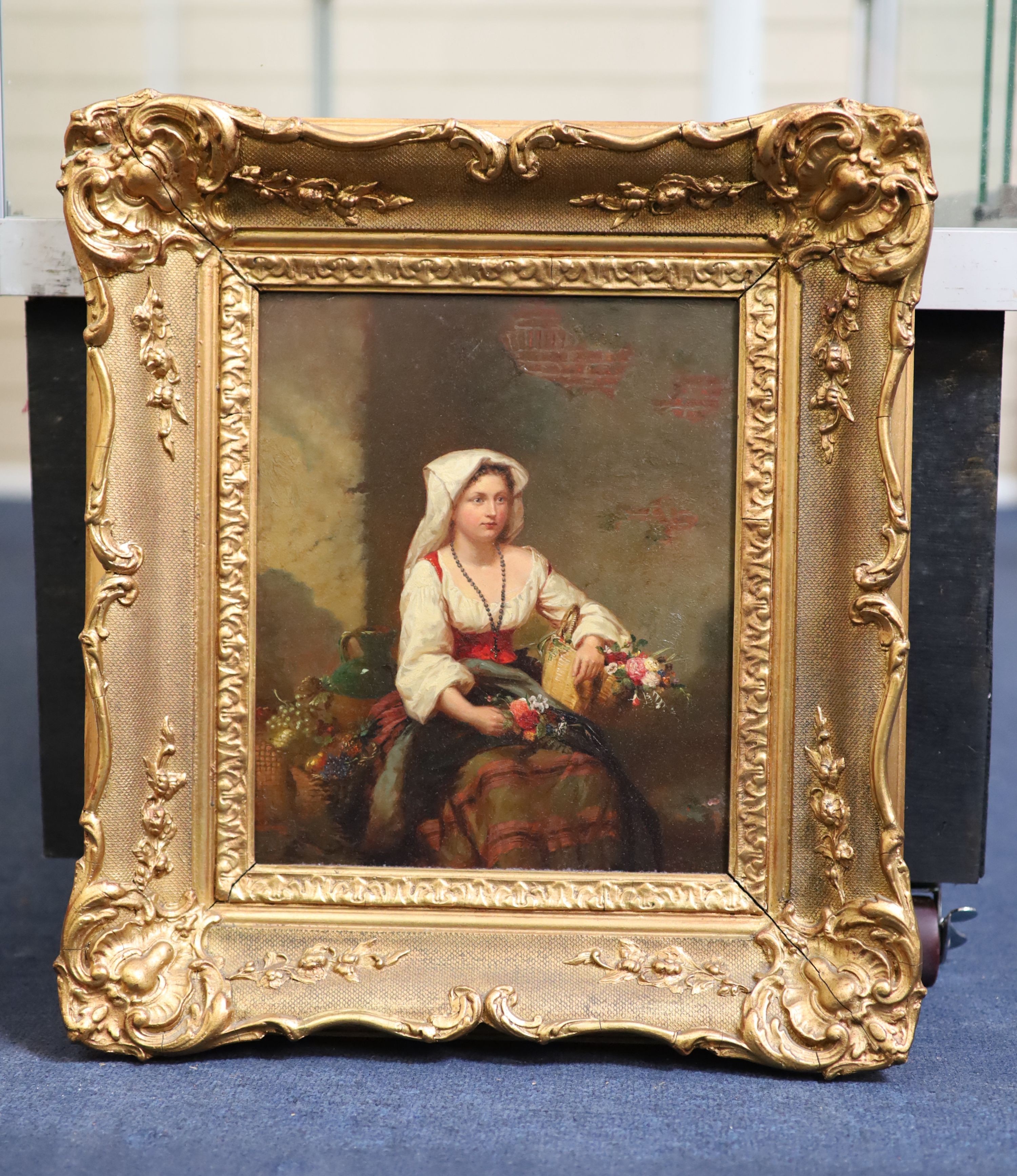 19th century English School, The Flower Seller, Oil on millboard, 29 x 24cm.